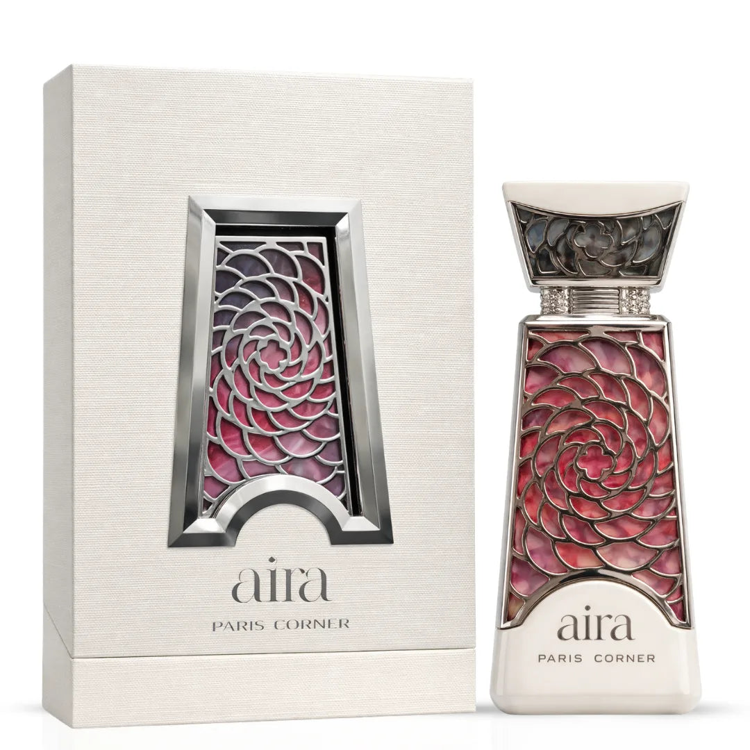 Aira Eau De Parfum spray bottle by Paris Corner, 100ml (3.4 oz), elegant glass bottle with a sleek design.