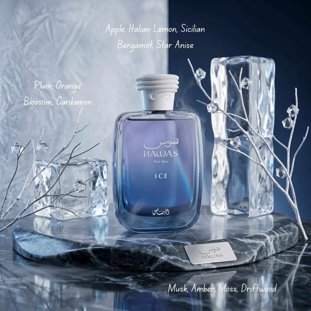 Hawas Ice 2-piece perfume travel gift set by Rasasi, featuring two elegant bottles of fragrance in a sleek gift box.