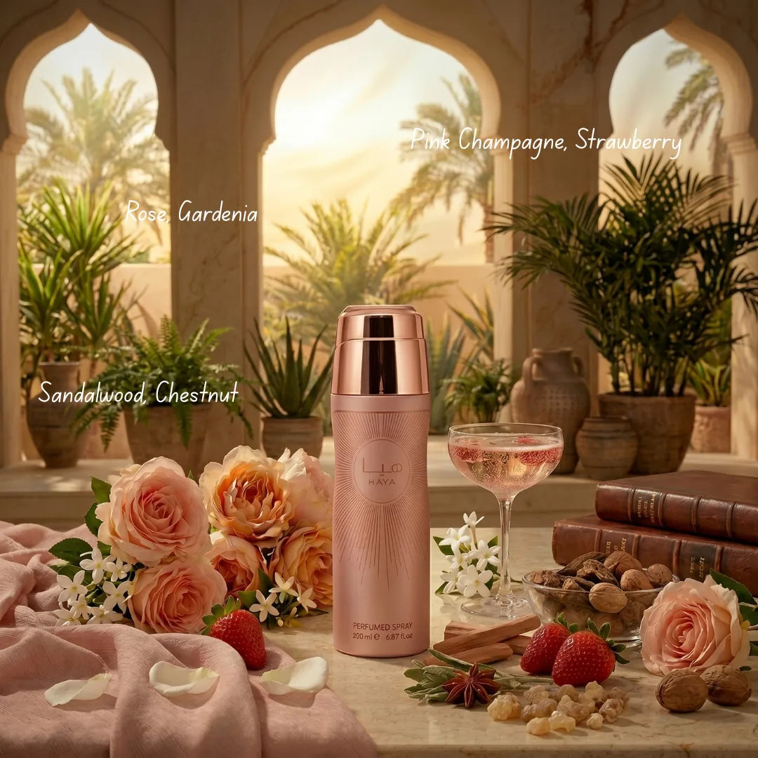 Lattafa Haya Body Spray 200ml deodorant bottle with sleek design and spray nozzle, ideal for refreshing throughout the day.