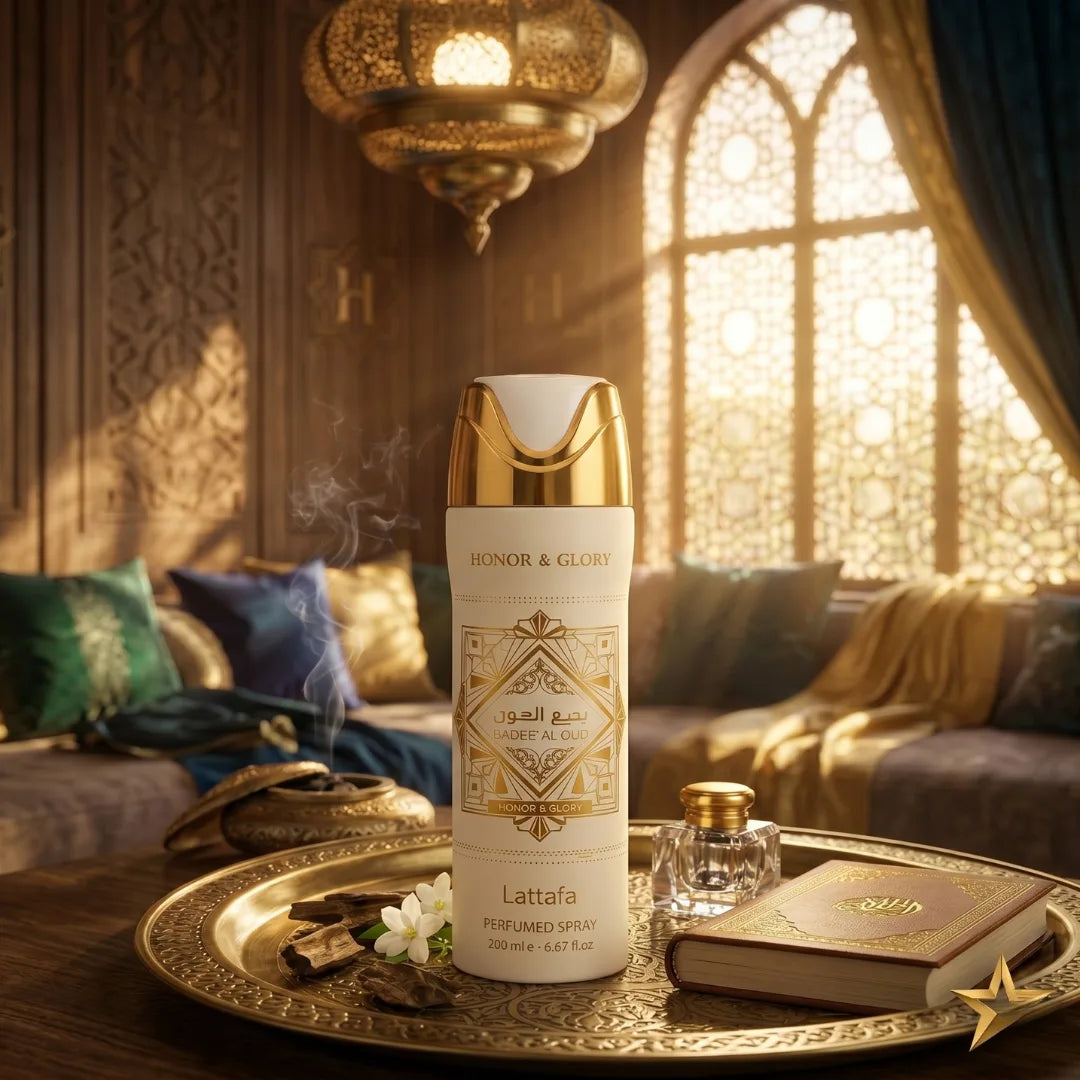 Lattafa Bade’e Al Oud Honor & Glory deodorant spray 300ml with elegant packaging and a fresh, fragrant scent.