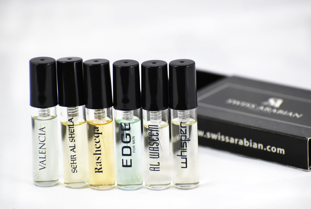 6 Swiss Arabian Sample Packet - Valencia, Sehr al Sheila, Rasheeqa, Edge for Men, Al Waseem, Whisper - Intense oud