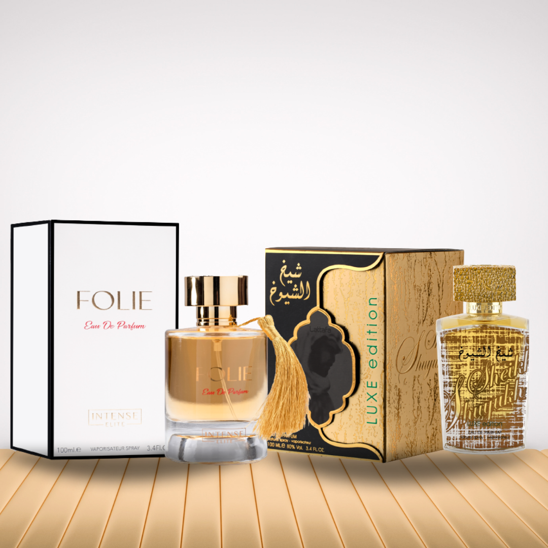 Collection For Men (2 Piece) |  Sheikh Al Shuyukh Luxe EDP - 100ML (3.4 oz) by Lattafa and Folie For Unisex EDP - Eau De Parfum 100 ML (3.4 Oz) I By Intense Elite - Intense Oud