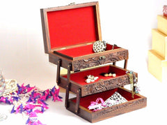 Hand Carved Traditional Wooden Jewelry Box, Brass Engraved. Finished with Velvet - Intense oud