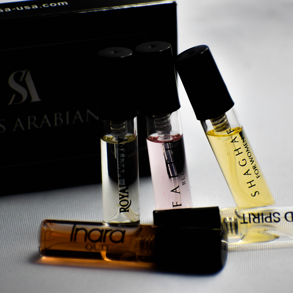 5 Swiss Arabian Sample Packet - Shaghaf Women, Faith Bloom, Royal Mystery, Inara Oud, Wild Spirit - Intense oud