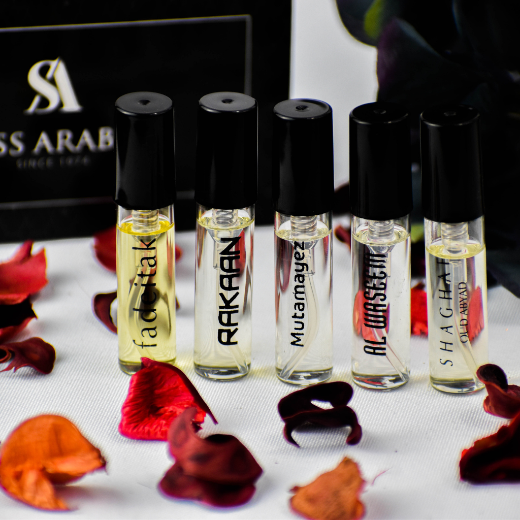 5 Swiss Arabian Sample Packet - Fadeitak, Rakaan, Mutamayez, Al Waseem, Shaghaf Oud Abyad - Intense oud