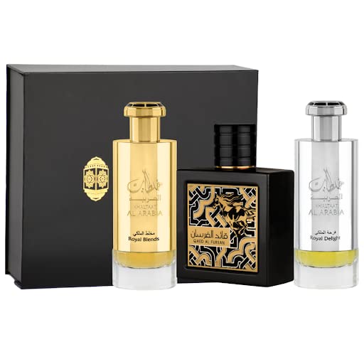 Khaltaat Al Arabia Royal Delight, Khaltaat Al Arabia Royal Blends & Qaed Al Fursan EDP-100ml(3.4 oz) with Magnetic Gift Box | by Lattafa Perfumes - Intense Oud