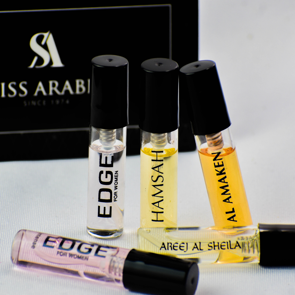 5 Swiss Arabian Sample Packet - Edge Women, Edge Intense Women, Hamsah, Areej Al Sheila, Al Amaken - Intense oud