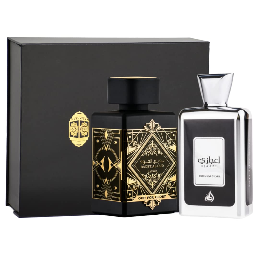 Bade'e Al Oud for Glory & Ejaazi Intensive Silver EDP-100ml(3.4 oz) with Magnetic Gift Box | by Lattafa Perfumes - Intense Oud