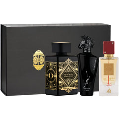 Bade'e Al Oud For Glory, Maahir Black & Ana Abiyedh Rouge EDP-100ml with Magnetic Gift Box | by Lattafa Perfumes - Intense Oud