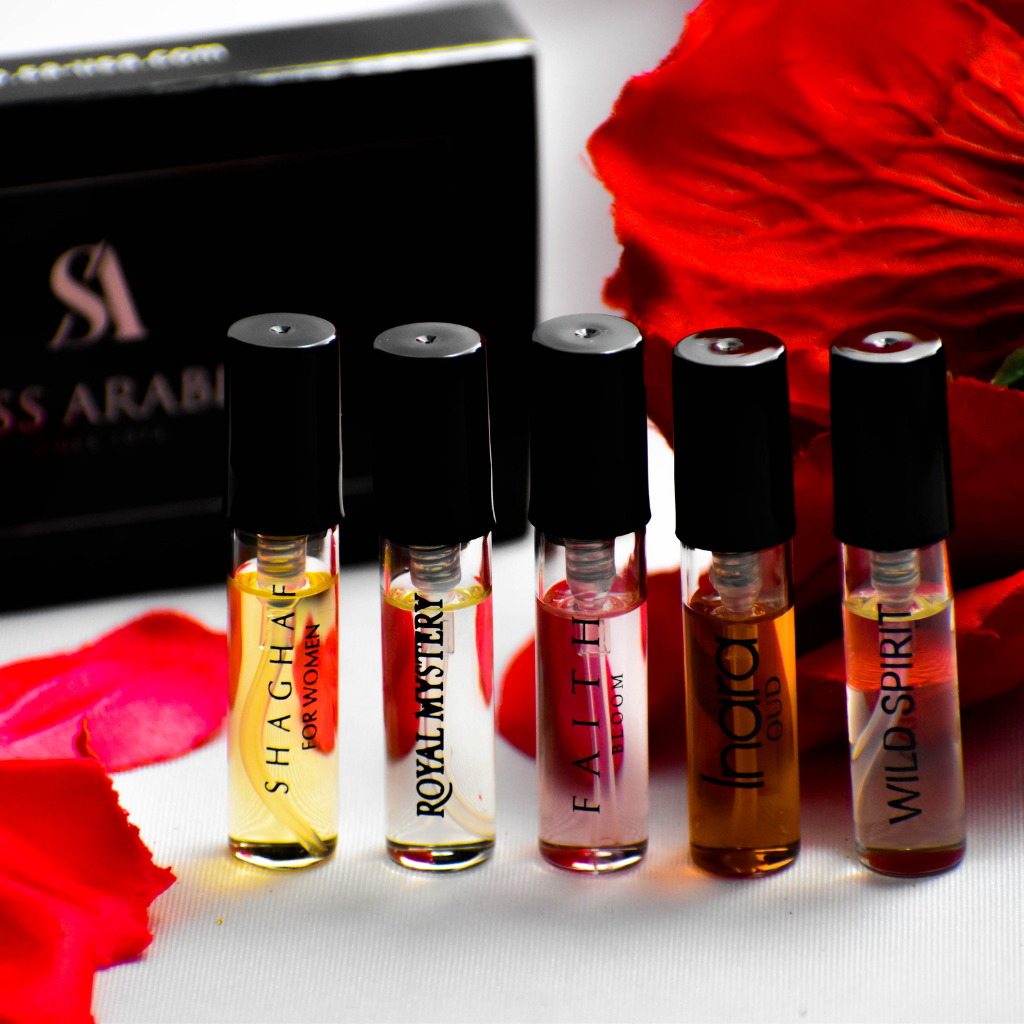 5 Swiss Arabian Sample Packet - Shaghaf Women, Faith Bloom, Royal Mystery, Inara Oud, Wild Spirit - Intense oud