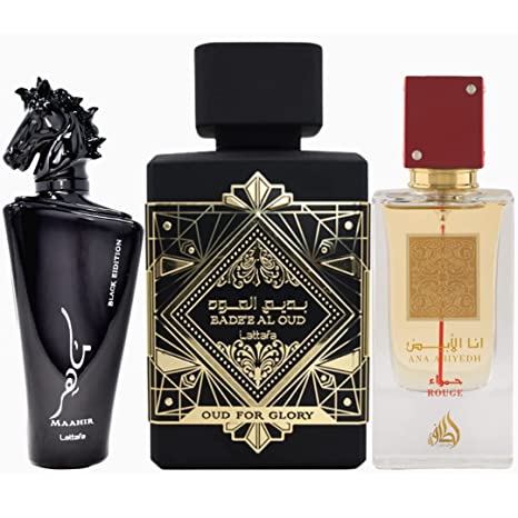 Premium Value Pack - Bade'e Al Oud for Glory 100ml, Maahir Black 100ml & I Am White Ana Abiyedh Rogue 60ml EDP | by Lattafa Perfumes - Intense Oud