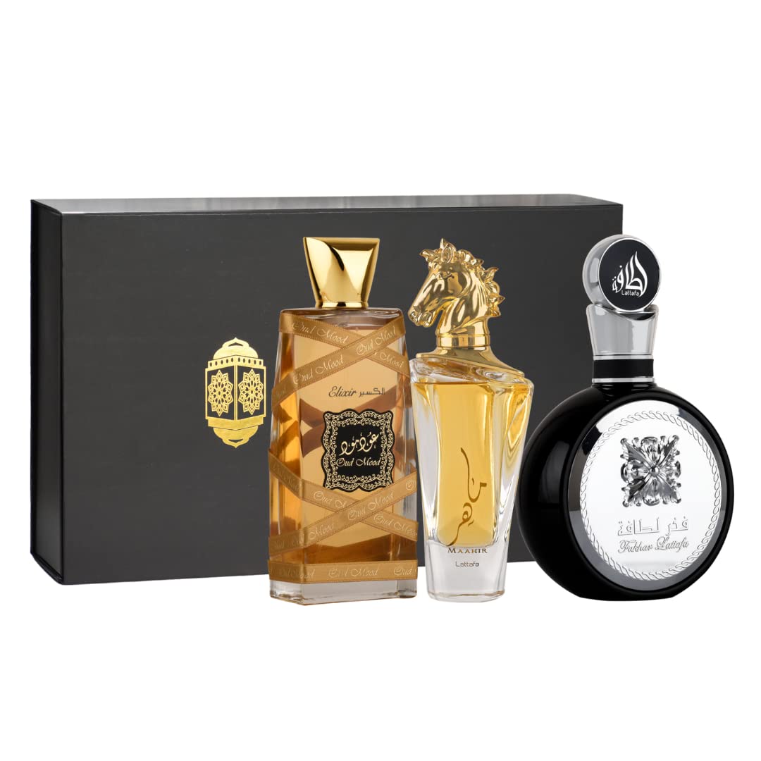 Lattafa Perfumes Fakhar Men, Maahir & Oud Mood Elixir EDP-100ml(3.4 oz) with Magnetic Gift Box Perfect for Gifting - Intense Oud