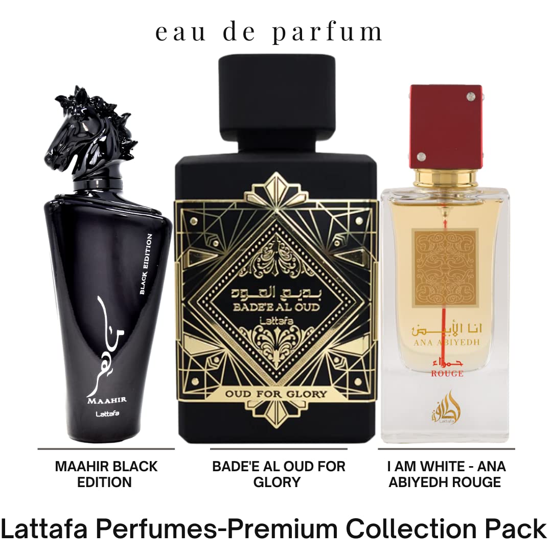 Bade'e Al Oud For Glory, Maahir Black & Ana Abiyedh Rouge EDP-100ml with Magnetic Gift Box | by Lattafa Perfumes - Intense Oud