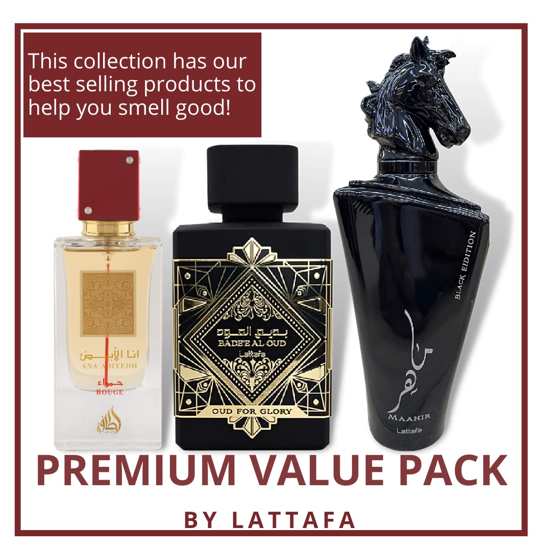 Bade'e Al Oud For Glory, Maahir Black & Ana Abiyedh Rouge EDP-100ml with Magnetic Gift Box | by Lattafa Perfumes - Intense Oud