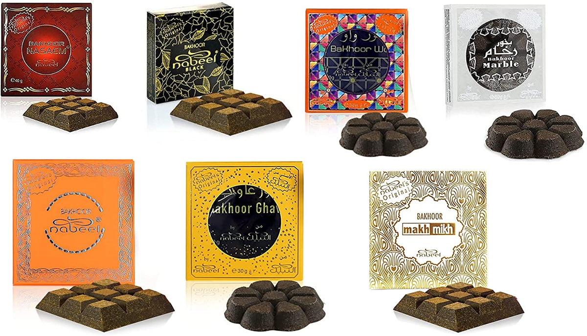 Variety 7 Pack Nabeel Bakhoor - Nasaem, Nabeel, Makh Mikh, Wow, Marble, Nabeel Black,Ghawi - by Nabeel - Intense Oud