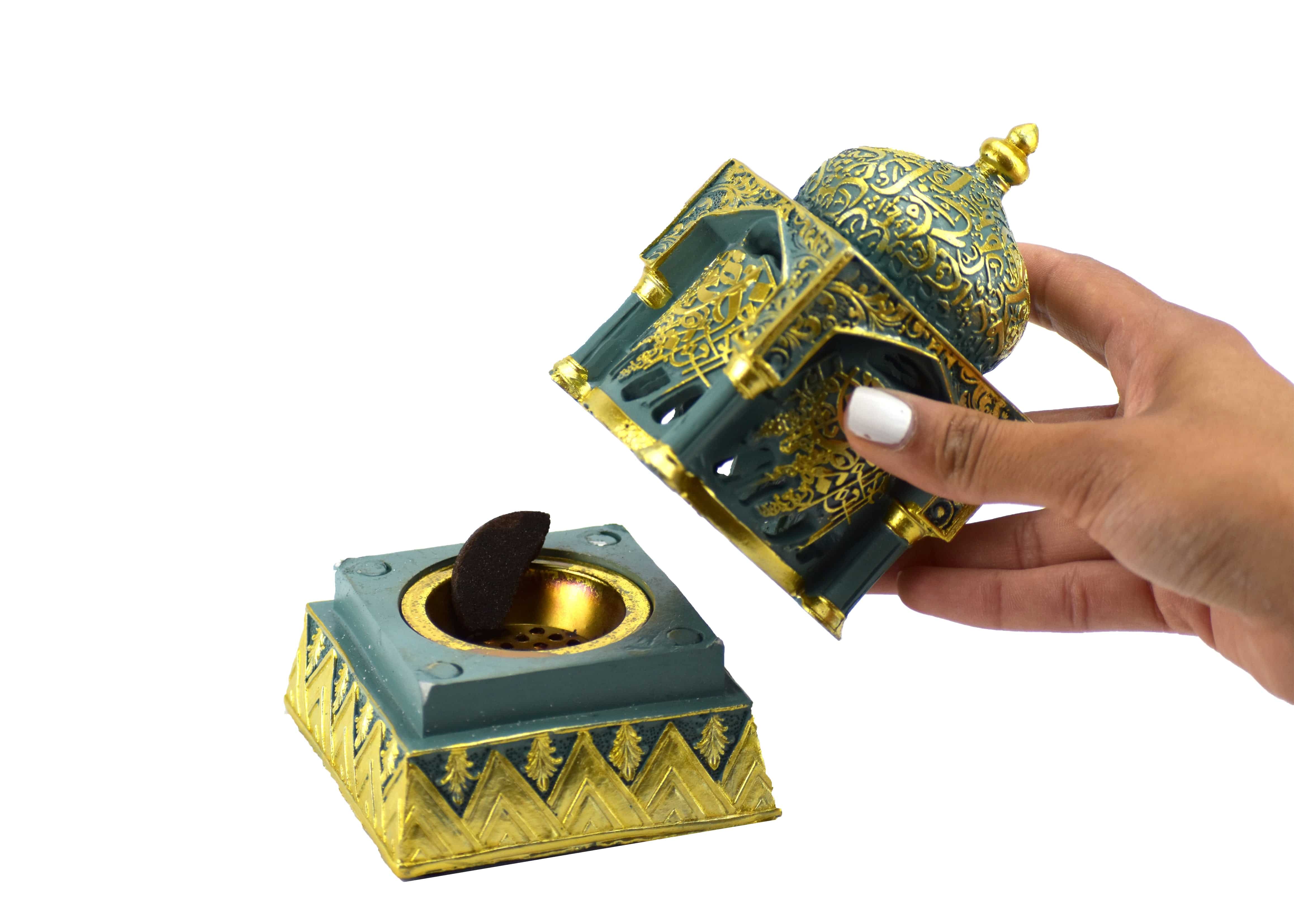 Engraved Calligraphy Minaret Style Incense Bakhoor Burner - 6 in. Teal - Intense oud