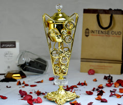 Arabia Incense/Bakhoor Burner (Mabkhara) -Oud Burner, Metal,Tray Inside 10 inch Tall (Golden) - Intense oud