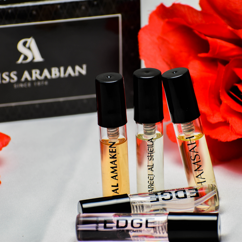 5 Swiss Arabian Sample Packet - Edge Women, Edge Intense Women, Hamsah, Areej Al Sheila, Al Amaken - Intense Oud