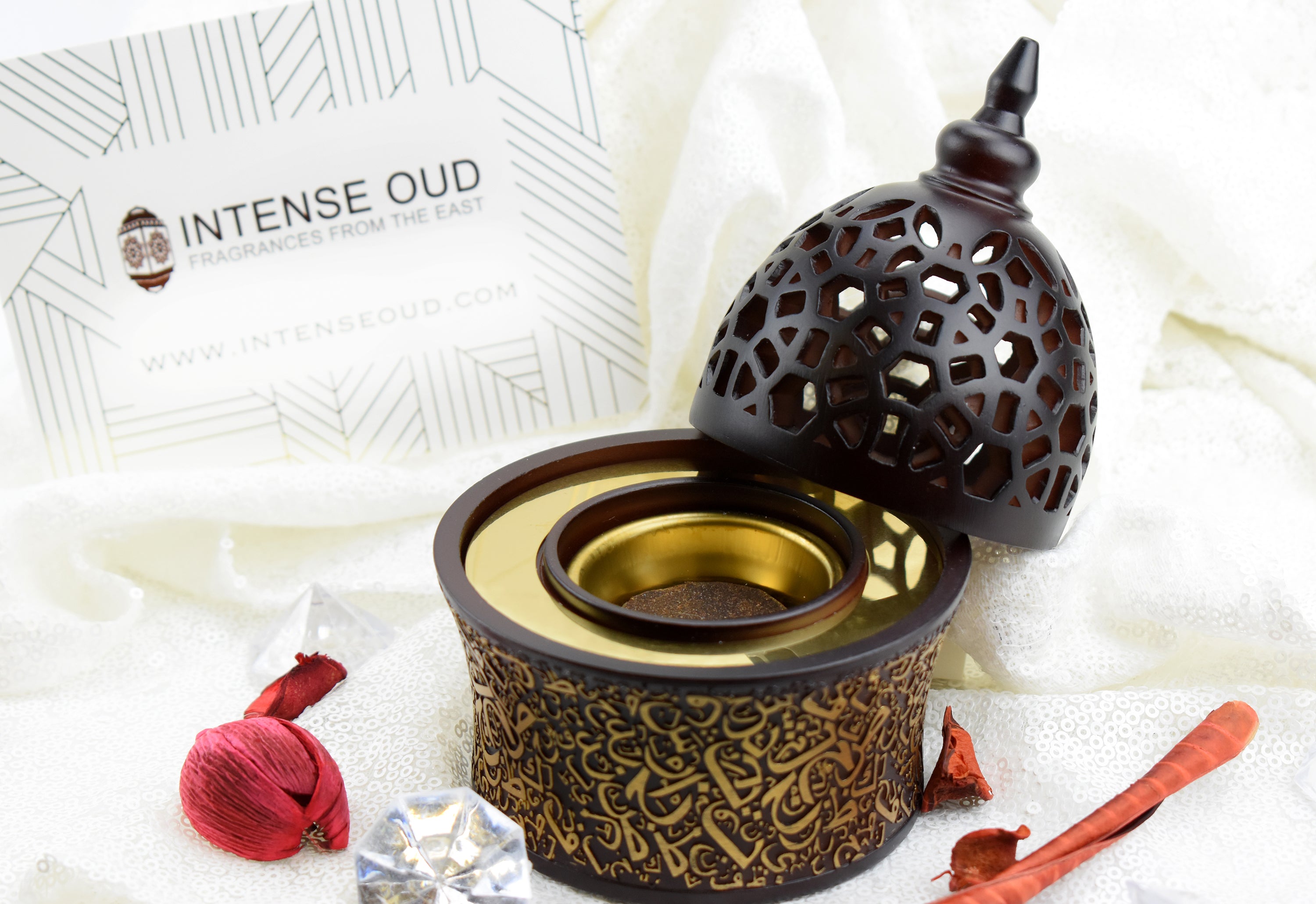 Calligraphy Style Closed Incense Bakhoor Burner - Brown - Intense oud