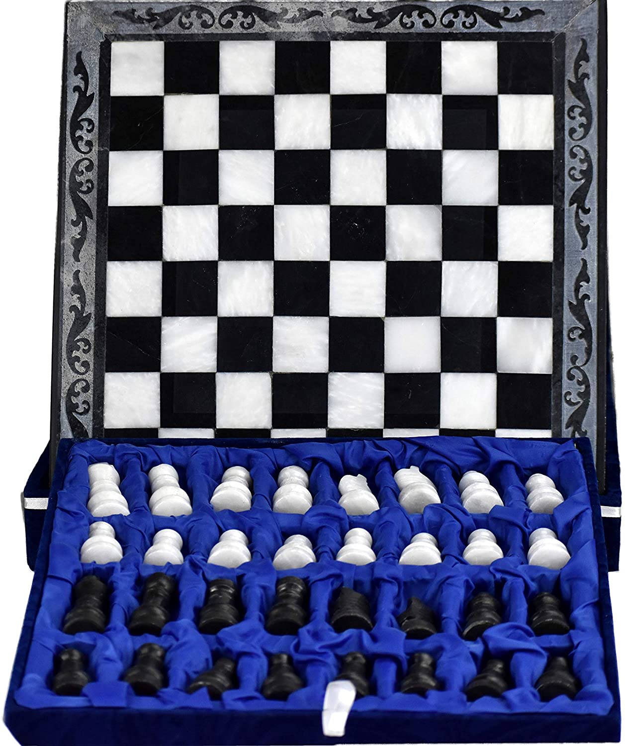 Handmade Classic Onyx Marble Chess Board Game Set- 12in with Blue Box - Intense oud