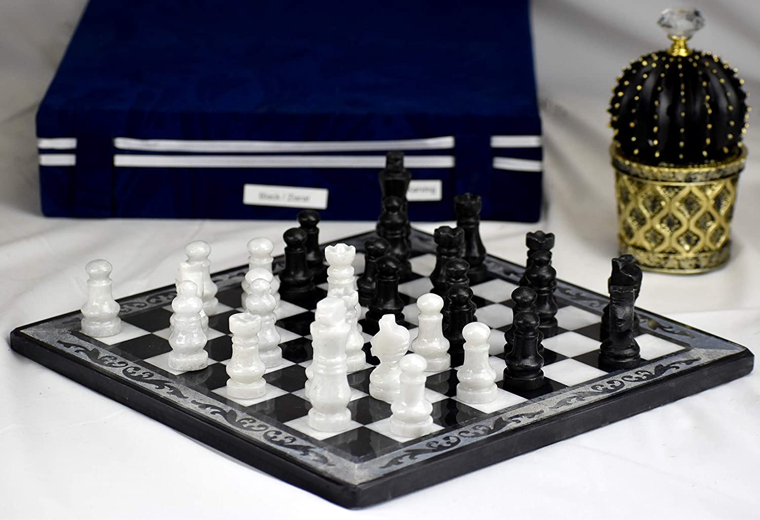 Handmade Classic Onyx Marble Chess Board Game Set- 12in with Blue Box - Intense oud