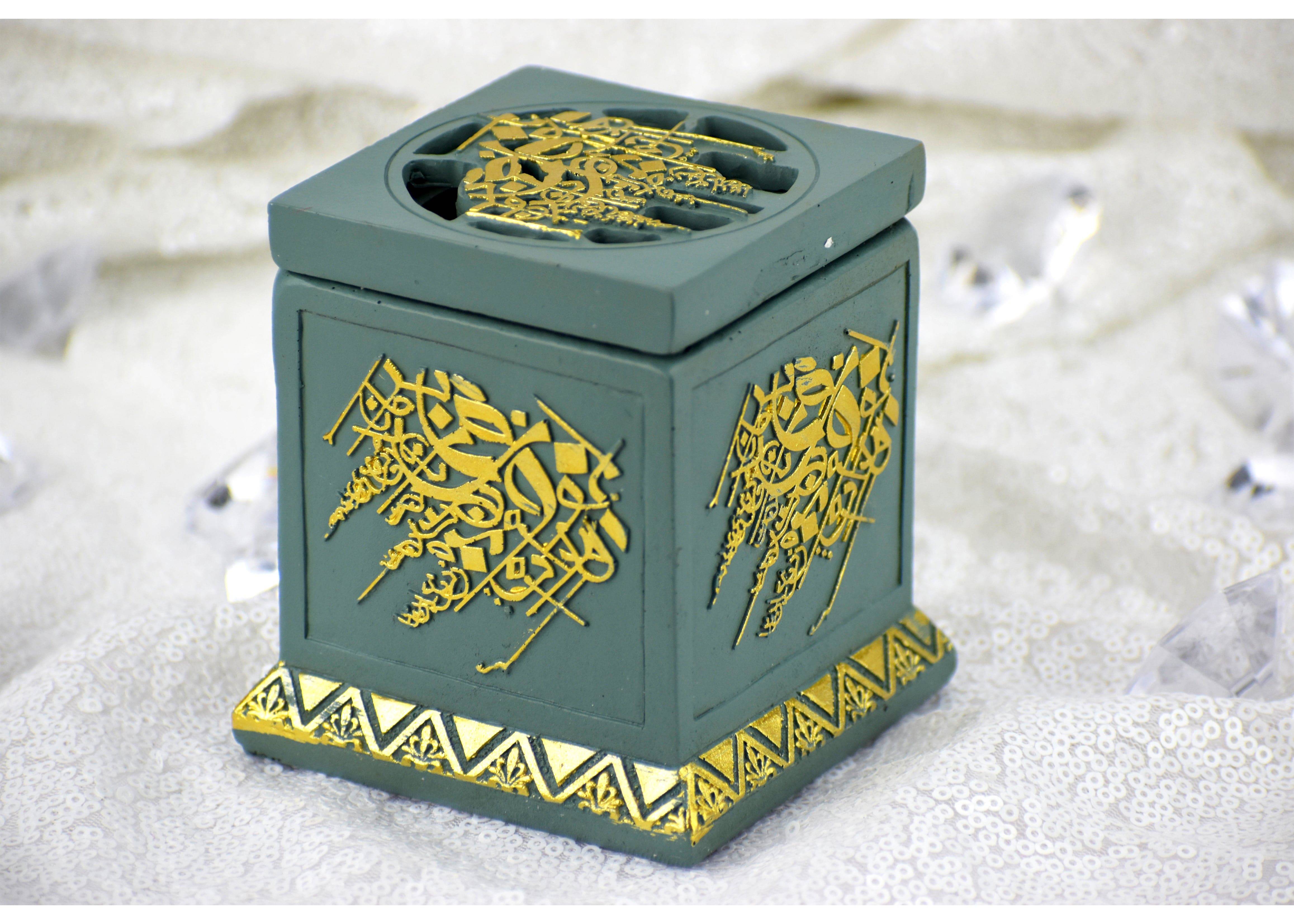 Calligraphy Cube Style Closed Incense Bakhoor Burner - Teal - Intense oud