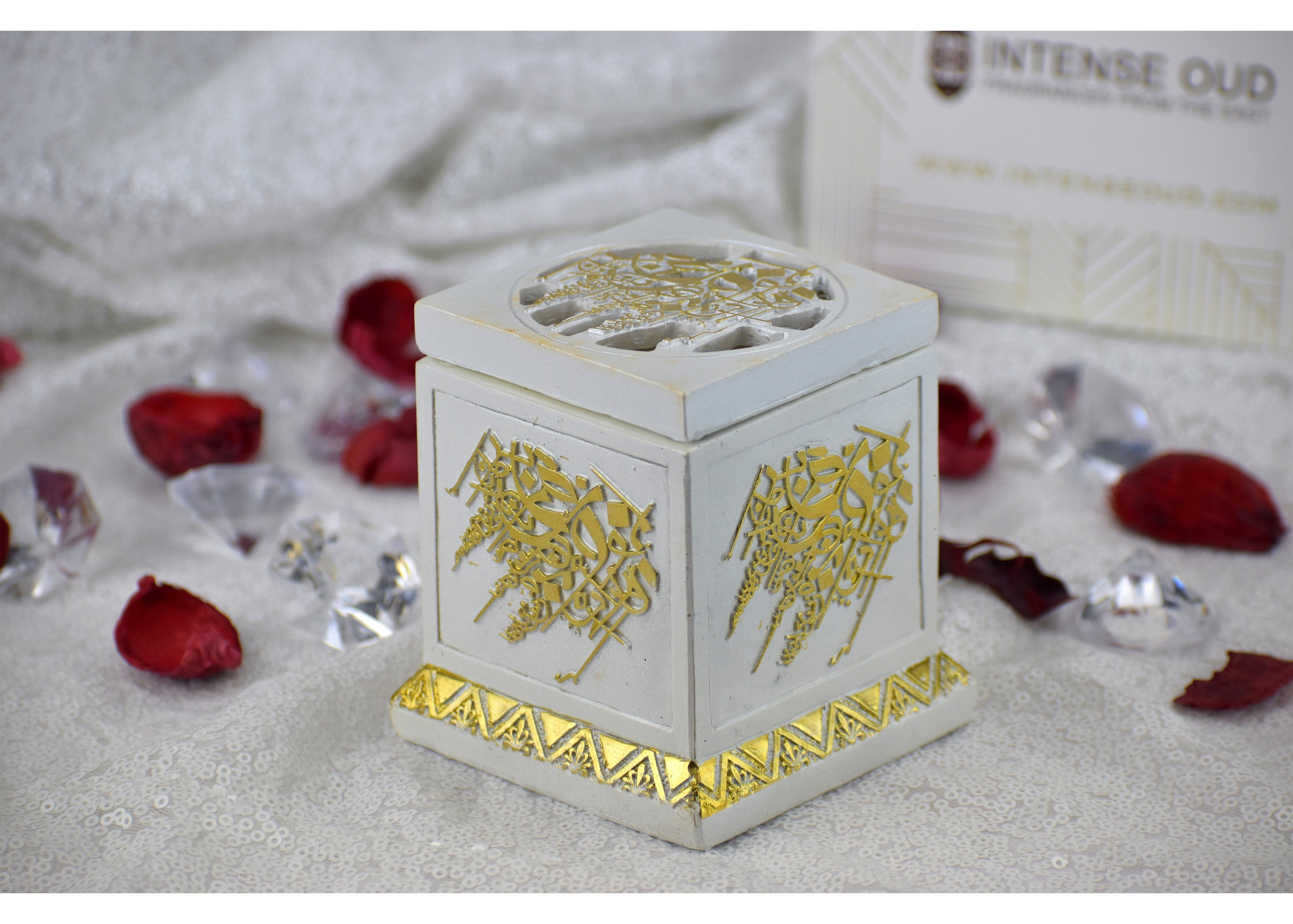 Calligraphy Cube Style Closed Incense Bakhoor Burner- White - Intense oud