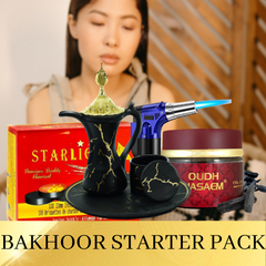 Bakhoor (4 Piece) Starter Pack | Bakhoor Oudh Nasaem, Starlight Charcoal, Royal Bakhoor Tea Set Black - Intense Oud