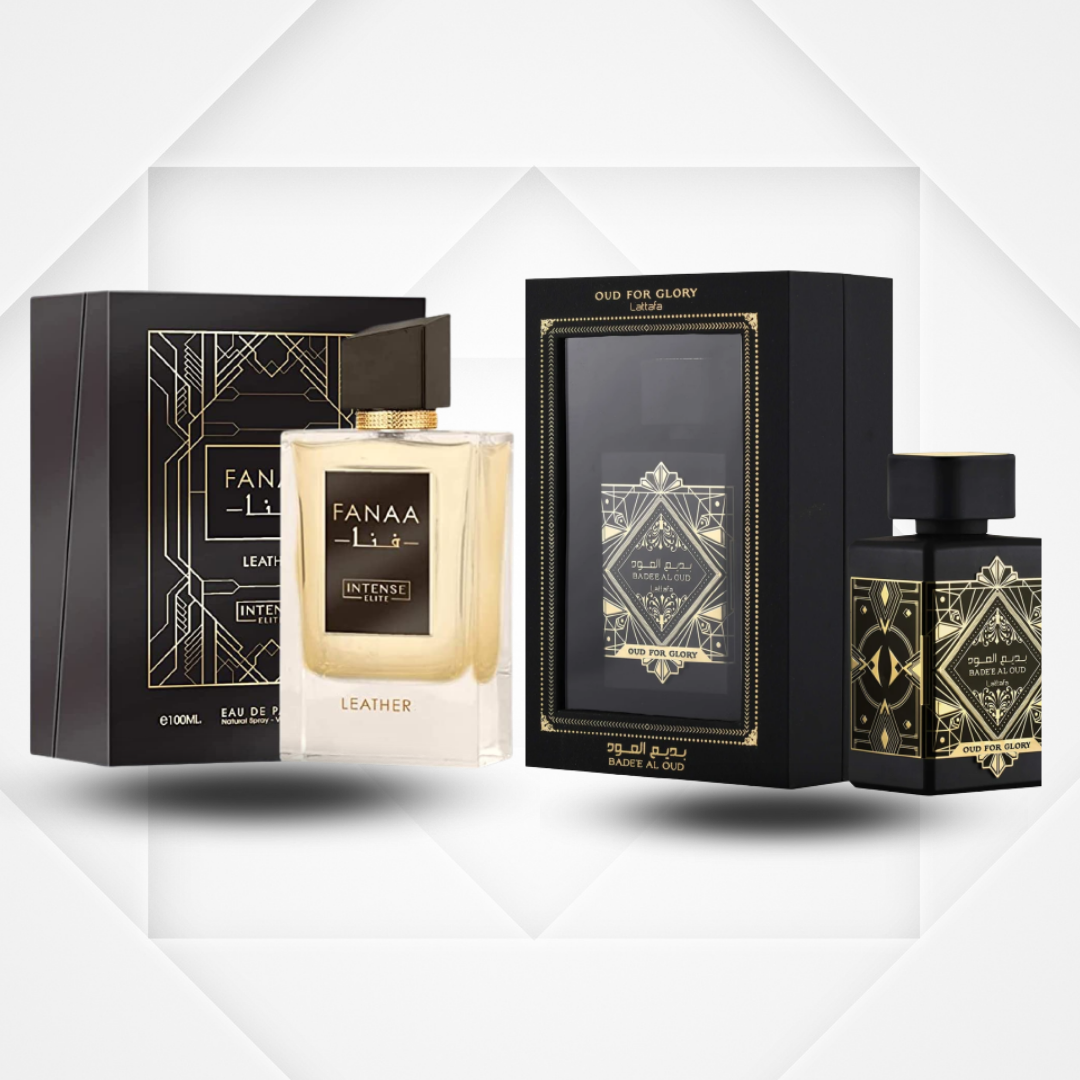 Collection For Men (2 Piece) | FANAA Leather for Men EDP - Eau De Parfum 100 ML (3.4 Oz) I By Intense Elite AND Bade'e Al Oud for Glory EDP - 100ML (3.4 oz) by Lattafa - Intense Oud