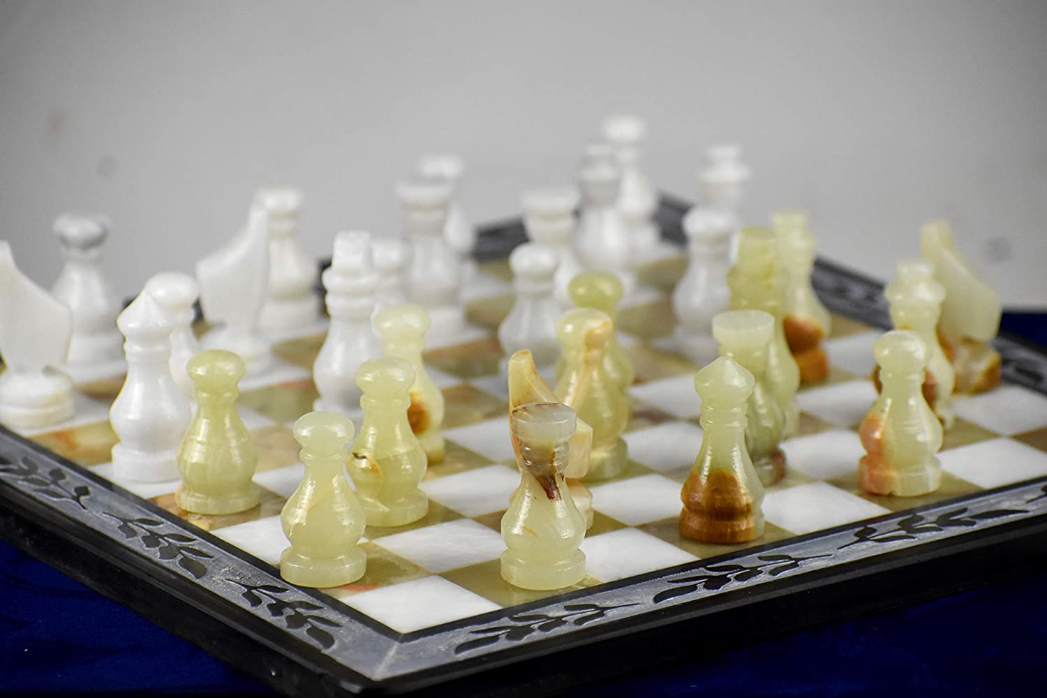 Handmade Classic Onyx Marble Chess Board Game Set- 12in with Blue Box - Green/Ziarat Black - Intense oud