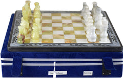 Handmade Classic Onyx Marble Chess Board Game Set- 12in with Blue Box - Green/Ziarat Black - Intense oud