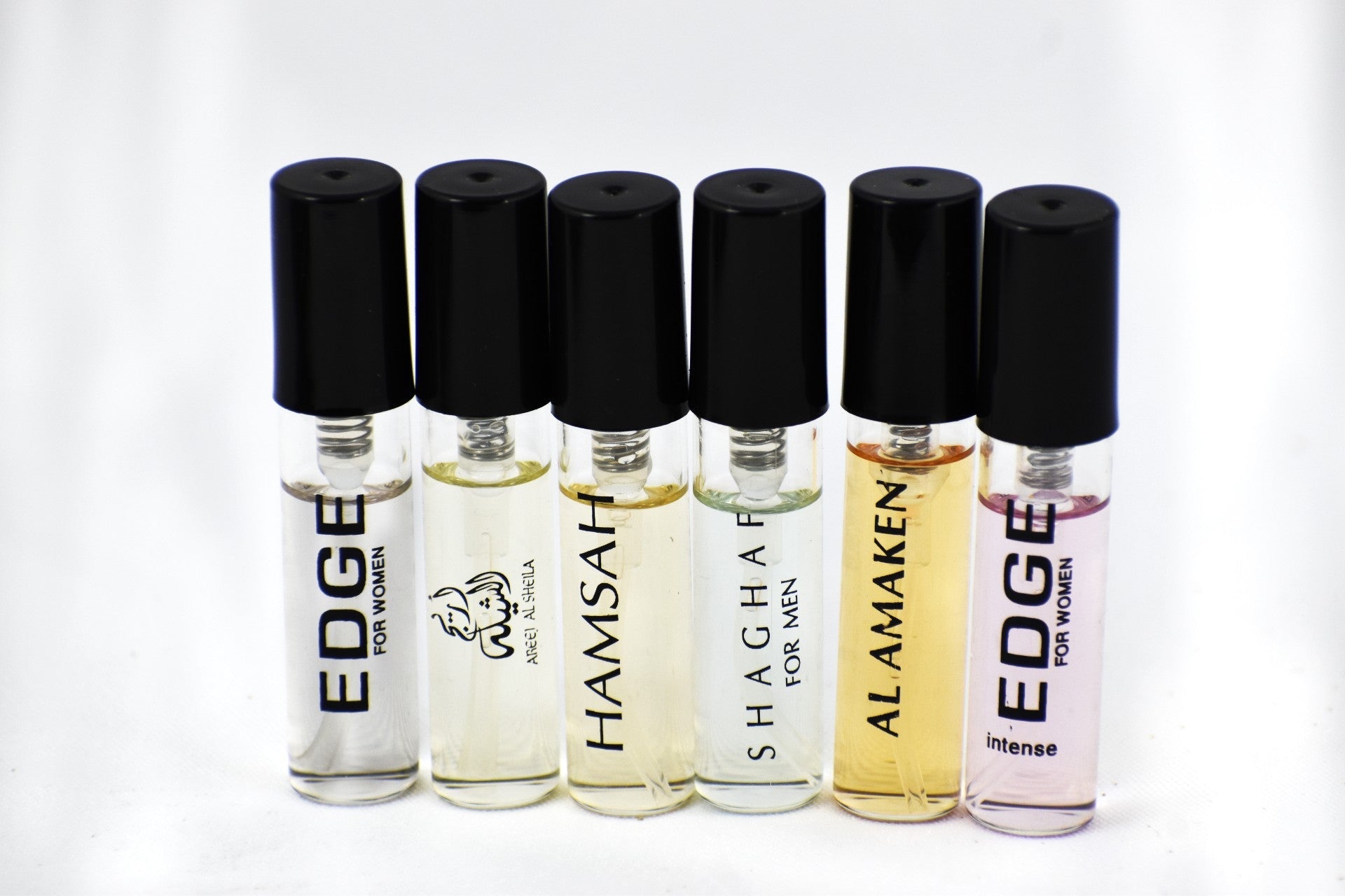 6 Swiss Arabian Sample Packet - Edge for Women, Areej Al Sheila, Hamsah, Shaghaf for Men, Al Amaken, Edge Intense for Women - Intense oud