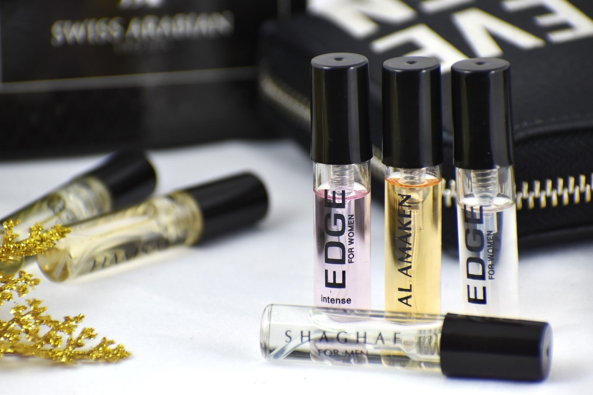 6 Swiss Arabian Sample Packet - Edge for Women, Areej Al Sheila, Hamsah, Shaghaf for Men, Al Amaken, Edge Intense for Women - Intense oud