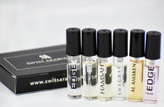 6 Swiss Arabian Sample Packet - Edge for Women, Areej Al Sheila, Hamsah, Shaghaf for Men, Al Amaken, Edge Intense for Women - Intense oud