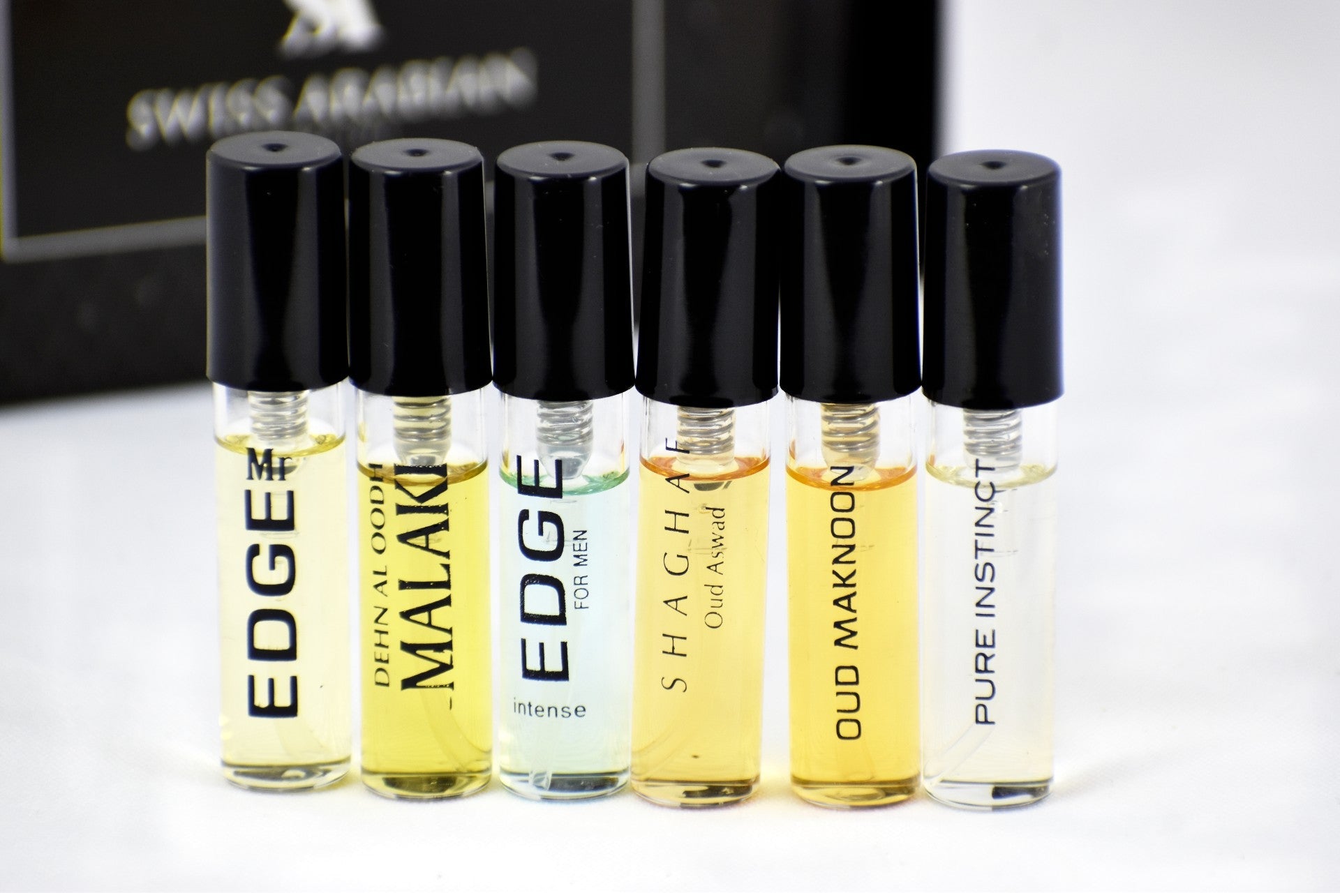 6 Swiss Arabian Sample Packet - Mr. Edge, Dehn al Oodh Malaki, Edge Intense for Men, Shaghaf Oud Aswad, Oud Maknoon, Pure Instinct - Intense oud