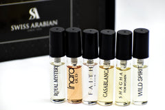 6 Swiss Arabian Sample Packet - Royal Mystery, Inara Oud, Faith Bloom, Casablanca, Shaghaf for Women, Wild Spirit - Intense oud