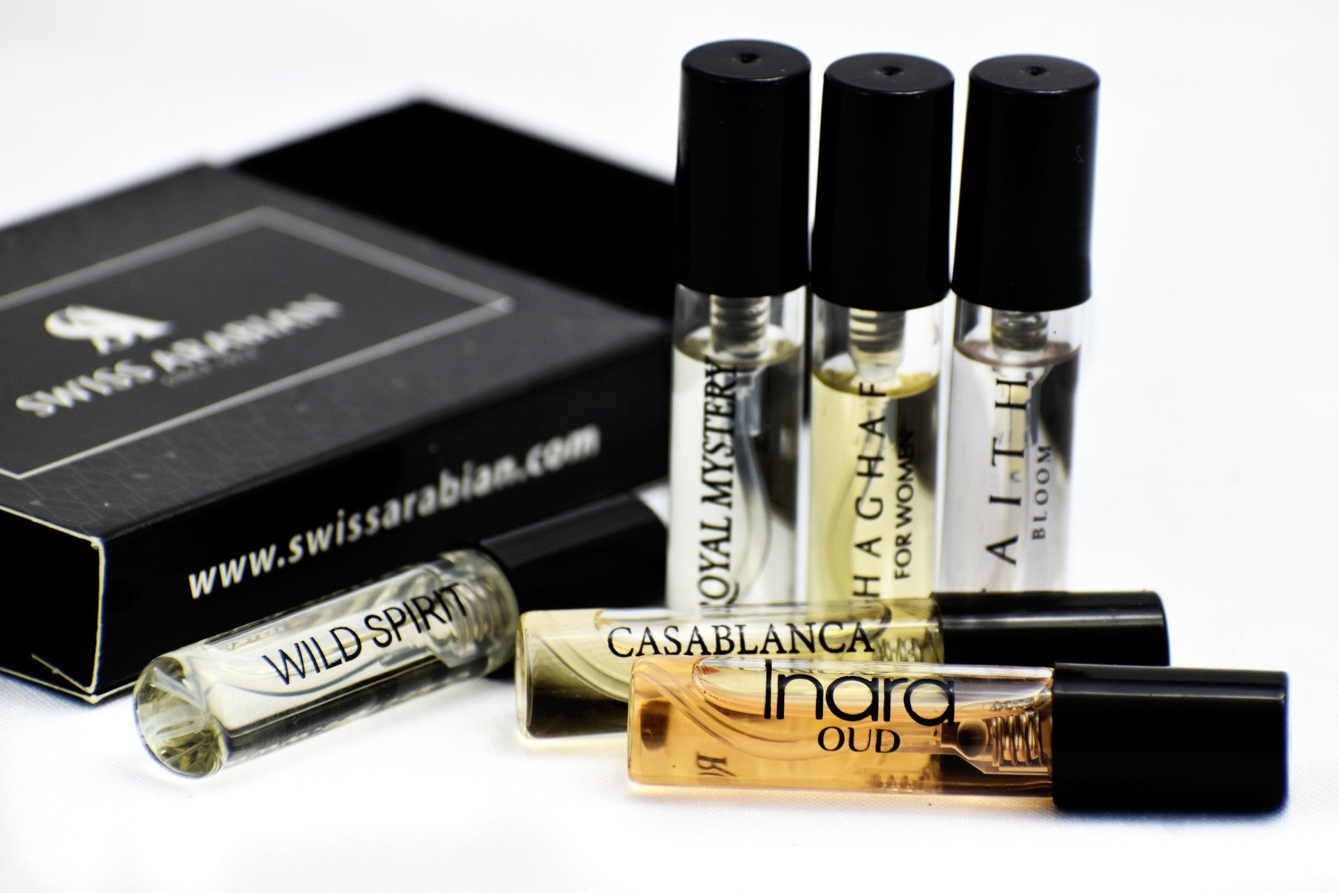 6 Swiss Arabian Sample Packet - Royal Mystery, Inara Oud, Faith Bloom, Casablanca, Shaghaf for Women, Wild Spirit - Intense oud