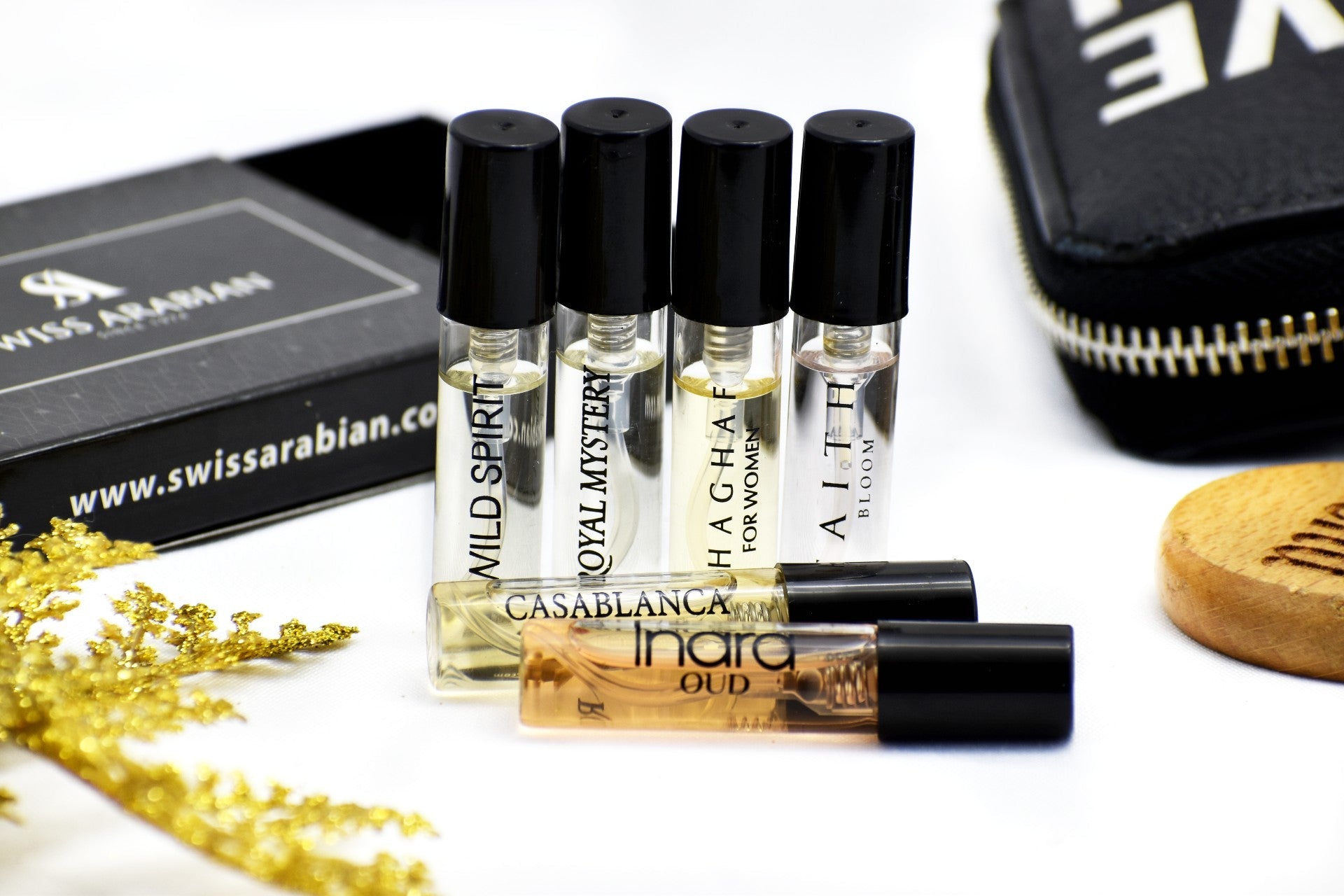 6 Swiss Arabian Sample Packet - Royal Mystery, Inara Oud, Faith Bloom, Casablanca, Shaghaf for Women, Wild Spirit - Intense oud