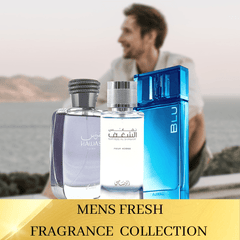 Fresh (3 Piece) EDP Collection | For Men | Shaghaf Men (3.4 oz), Hawas Men (3.4 oz), Blu Men (3.0 oz) - Intense oud