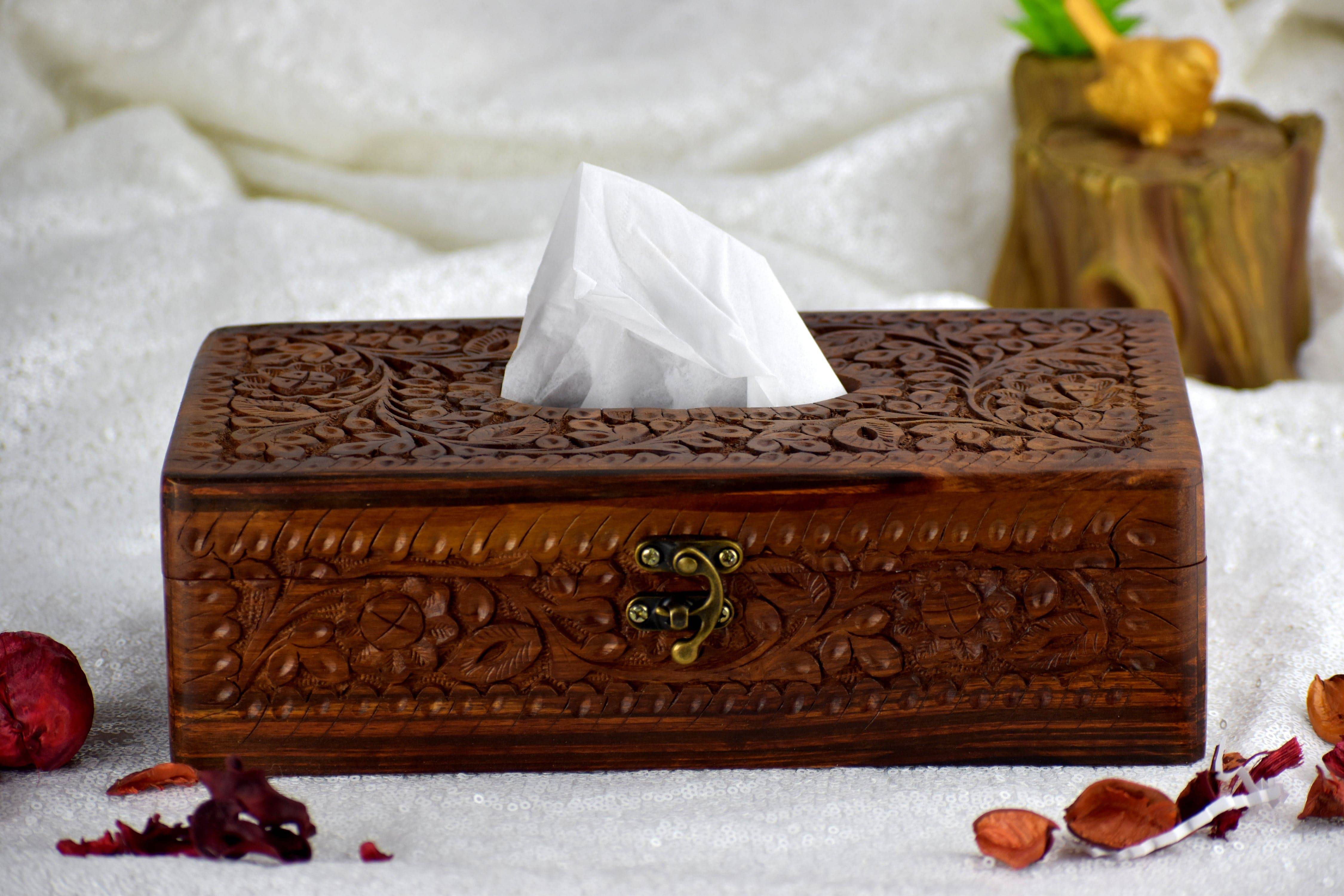 Wooden Handmade Rectangular Tissue Box with Velvet Finish Inside - Intense oud