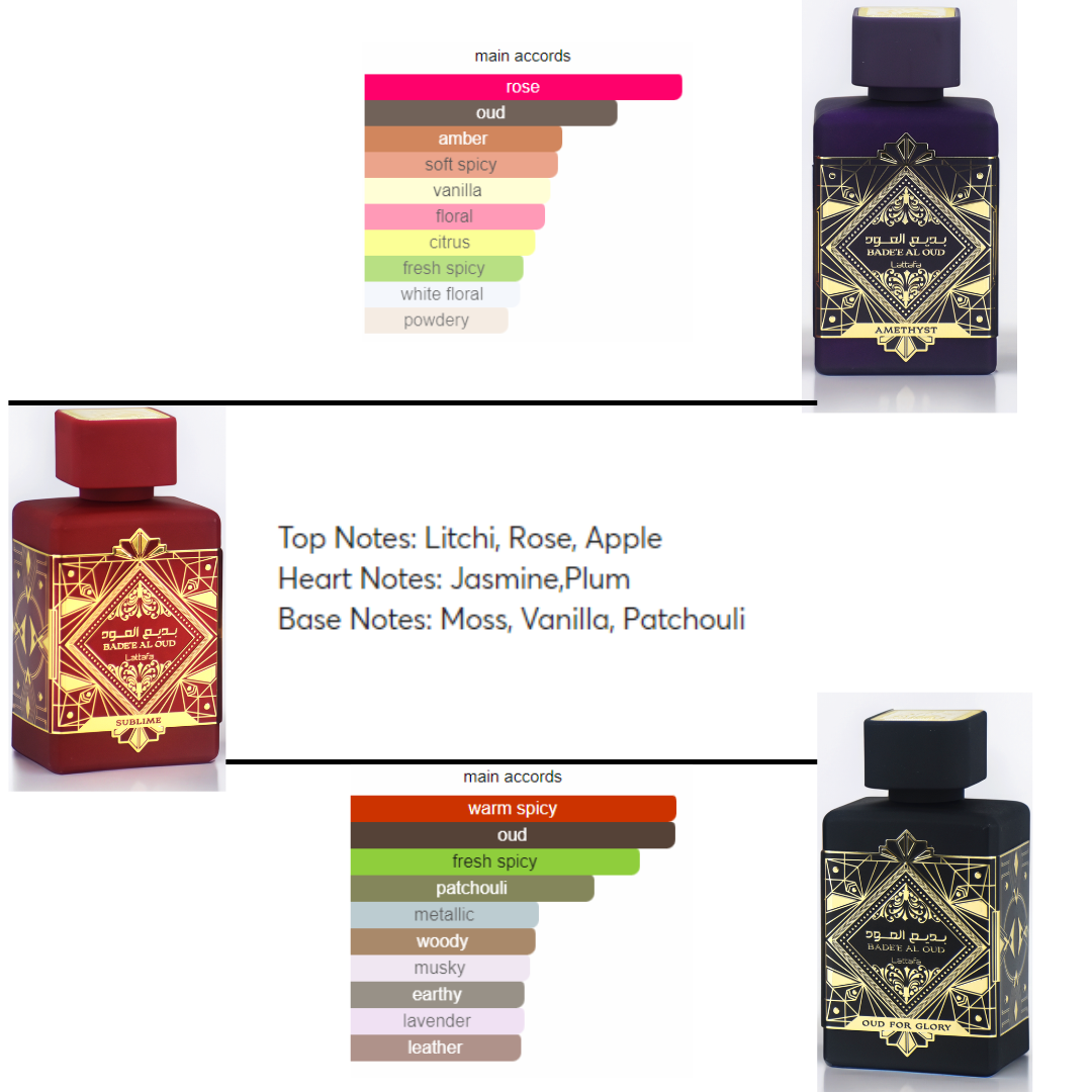 Bade'e Al Oud for Glory,Badee Al Oud Amethyst & Bade'e Al Oud Sublime EDP-100ml by Lattafa - Intense oud