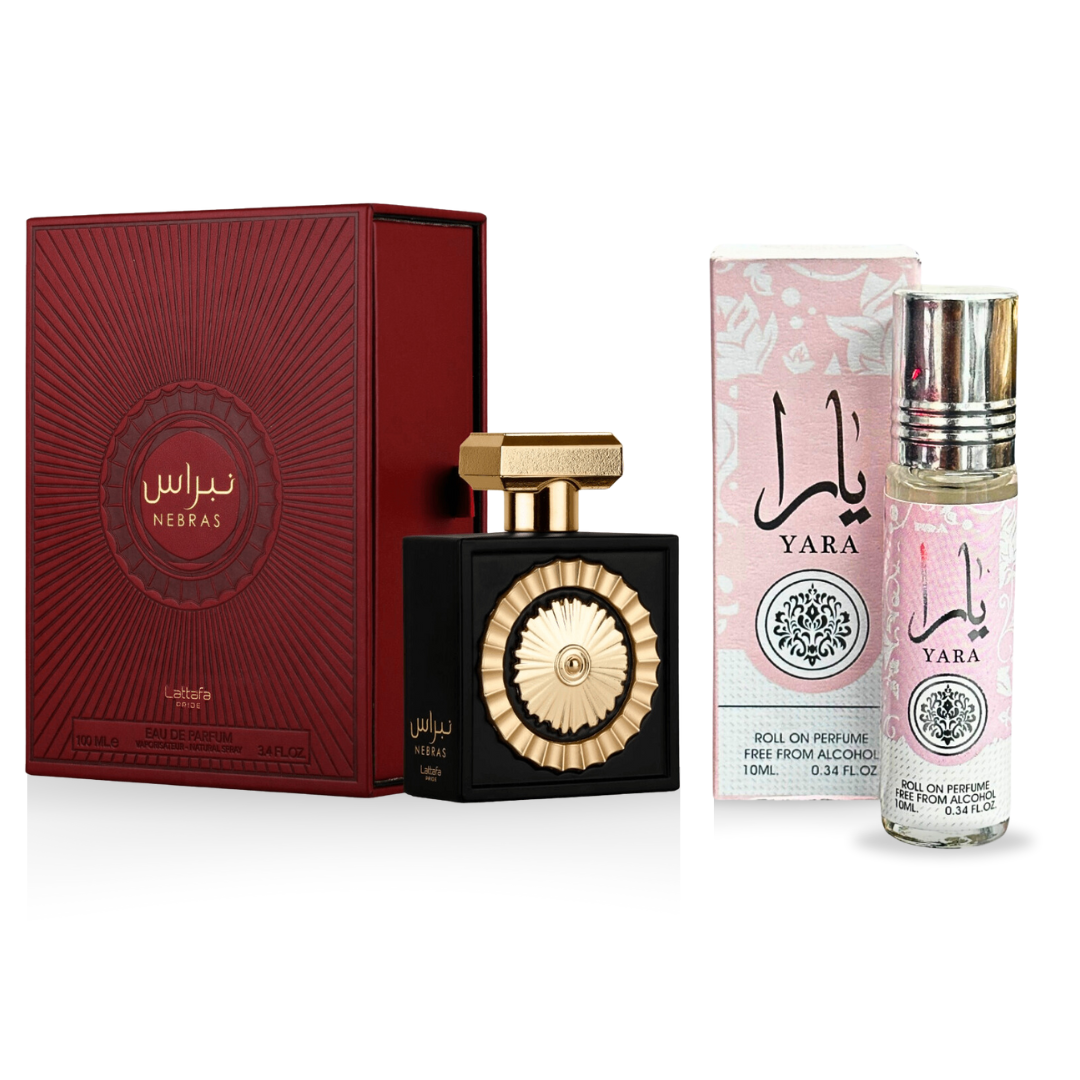 Nebras EDP 100ML (3.4 OZ) by Lattafa Pride & Yara Perfume Oil 10ML (0.34 OZ) by Ard Al Zaafaran. (ELEGANT BUNDLE) - Intense Oud