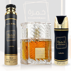 Khamrah Gift Set EDP - 100ML, Perfumed Spray 200ML, Air Freshener 300ML | Gift Set by Lattafa - Intense Oud