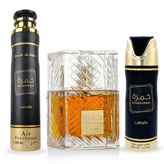 Khamrah Gift Set EDP - 100ML, Perfumed Spray 200ML, Air Freshener 300ML | Gift Set by Lattafa - Intense Oud