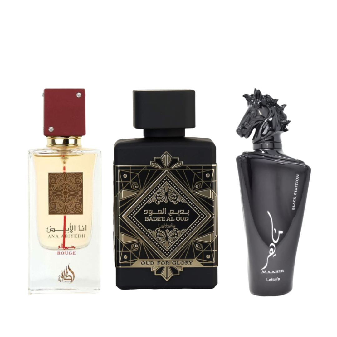 Bade'e Al Oud for Glory EDP - 100ML (3.4 oz) Maahir Black Edition EDP - 100ML (3.4 oz) and Ana Abiyedh Rouge EDP - 60ML (2.0 oz) | by Lattafa - Intense Oud