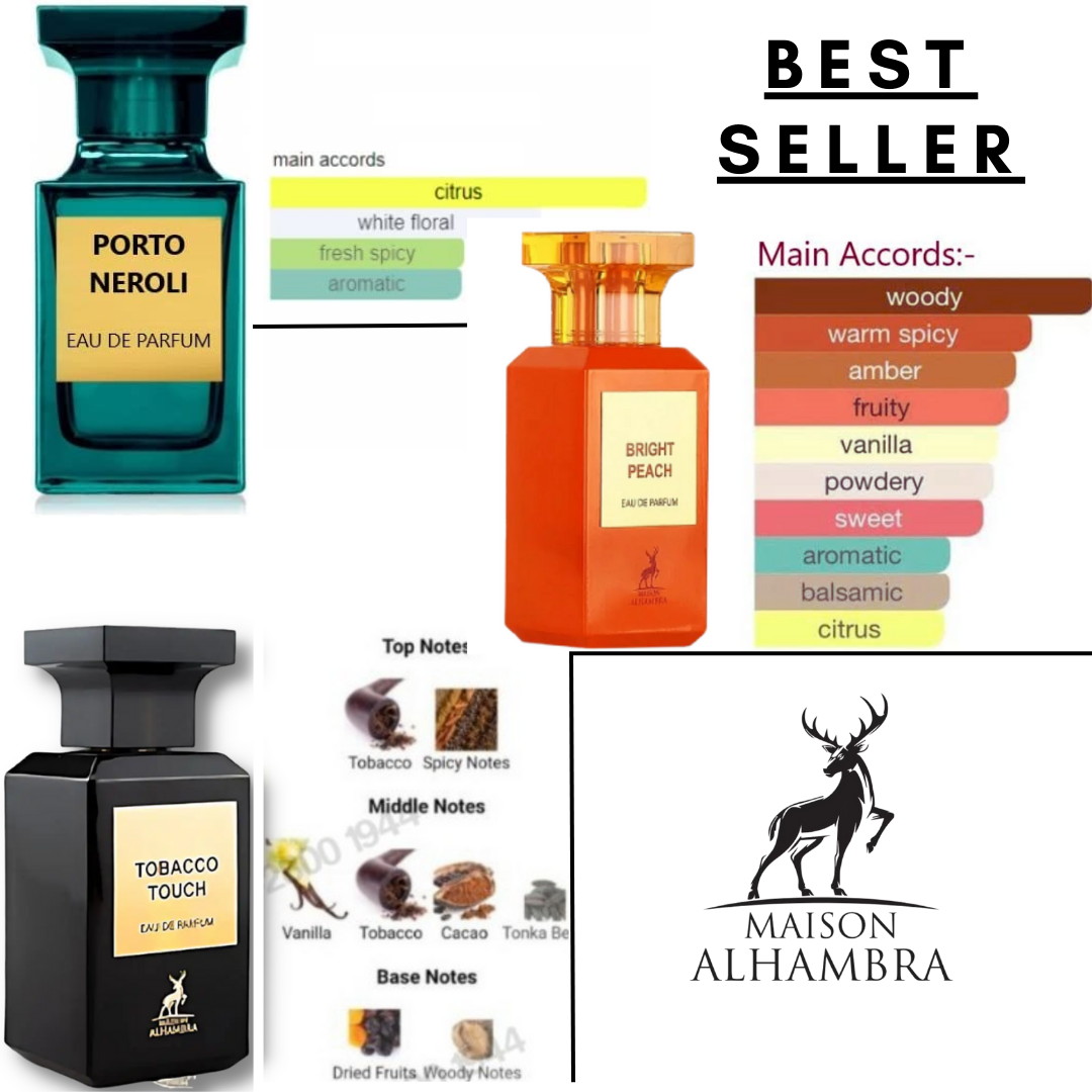 Amazing 3 Collection Porto Neroli,Bright Peach & Tobaco Touch EDP - 80Ml (2.7 Oz) By Maison Alhambra