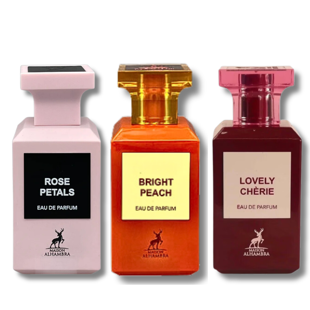 Amazing 3 Collection Rose Petals,Bright Peach & Lovely Cherie EDP - 80Ml (2.7 Oz) By Maison Alhambra