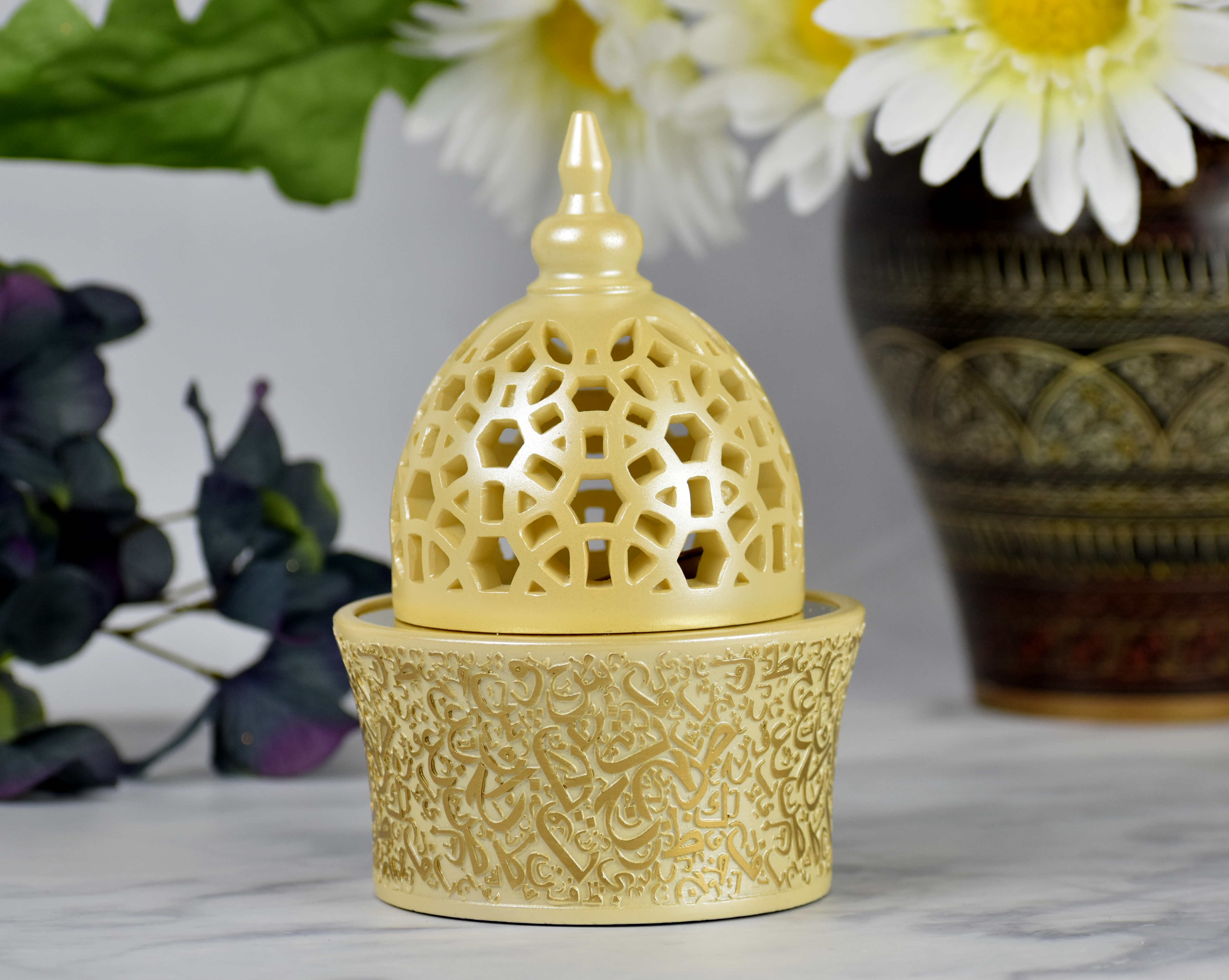 Calligraphy Style Closed Incense Bakhoor Burner - Yellow - Intense Oud