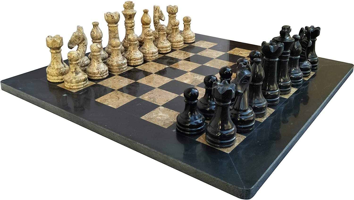 Handmade Classic Onyx Marble Chess Board Game Set - 15in with Blue Box Black and Coral (Damage Box) - Intense oud