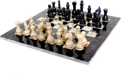 Handmade Classic Onyx Marble Chess Board Game Set - 15in with Blue Box Black and Coral (Damage Box) - Intense oud